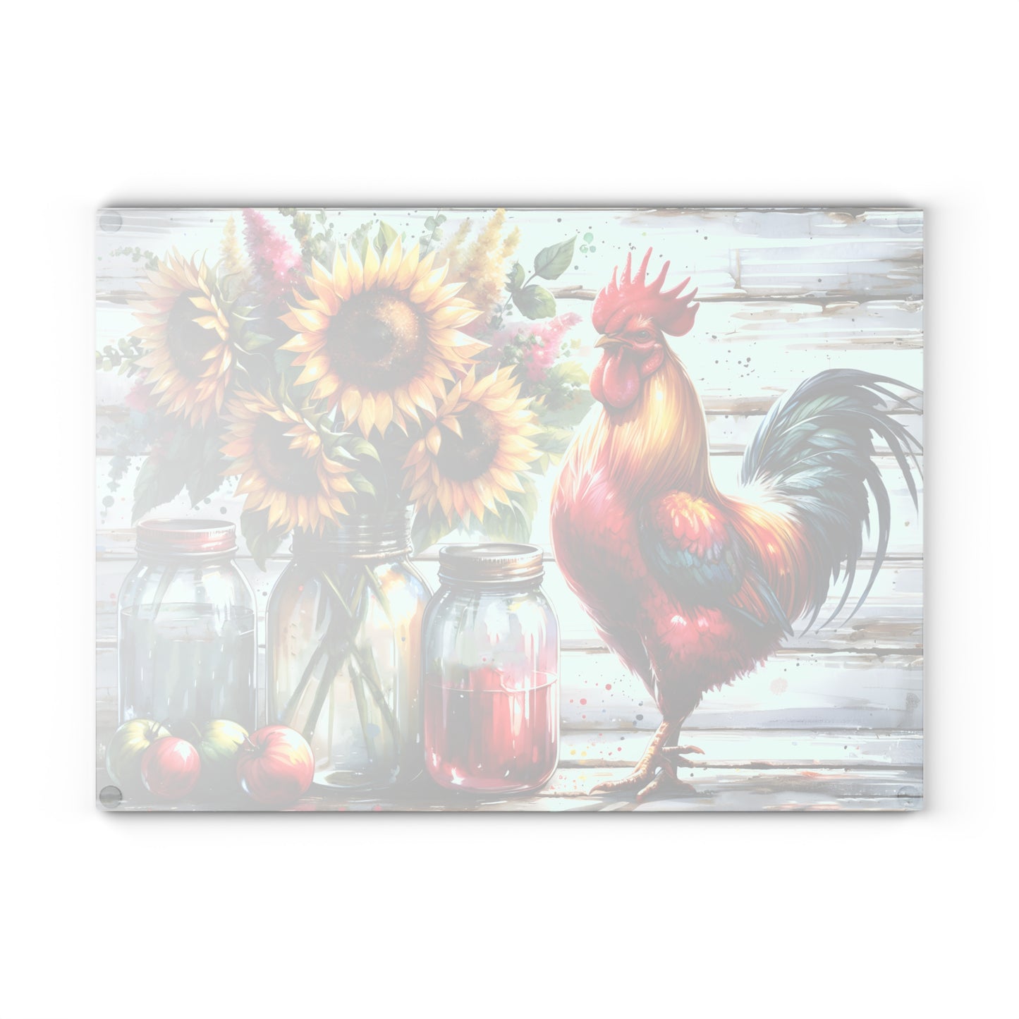 🐓 Bold Rooster & Mason Jar Cutting Board – Rustic Sunflower Farmhouse Decor