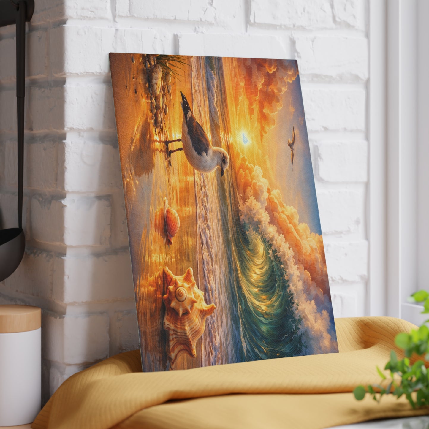 Golden Coastal Wave Glass Cutting Board – Ocean Sunset Seagull Beach Kitchen Art