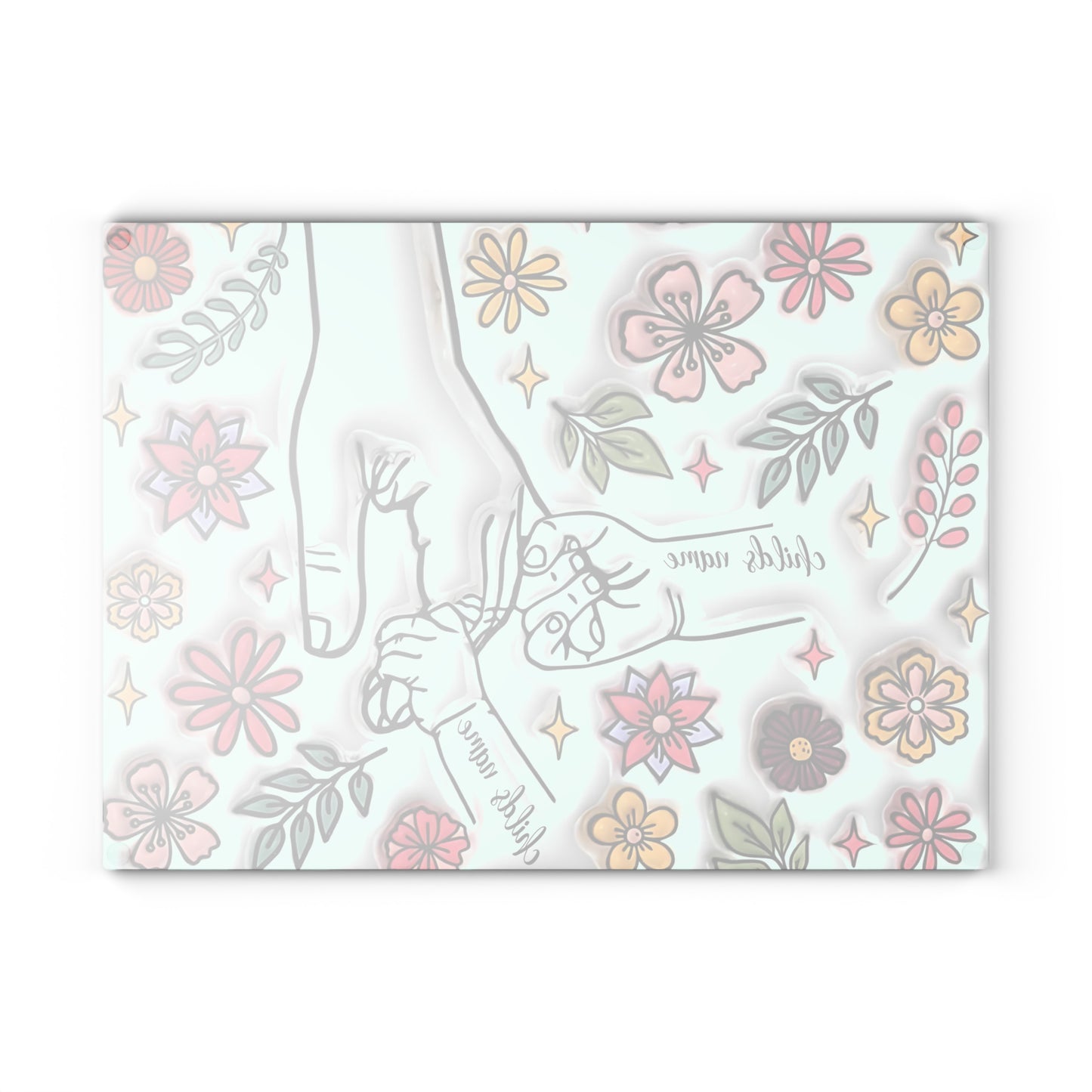 Tabla de cortar de vidrio templado personalizada con las manos de la madre | Arte floral 3D | Nombres personalizados para niños | Regalo para el Día de la Madre