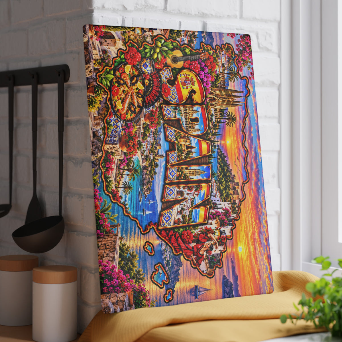 Spain Glass Cutting Board – Spanish Map, Flamenco Dancer, Sagrada Família, Coastal Villages & Mediterranean Sunset Kitchen Décor