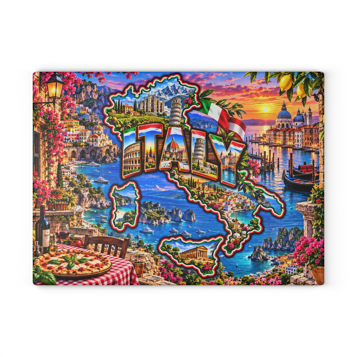 Italy Map Cutting Board – Colosseum, Leaning Tower of Pisa, Venice Canals, Amalfi Coast & Scenic Kitchen Décor