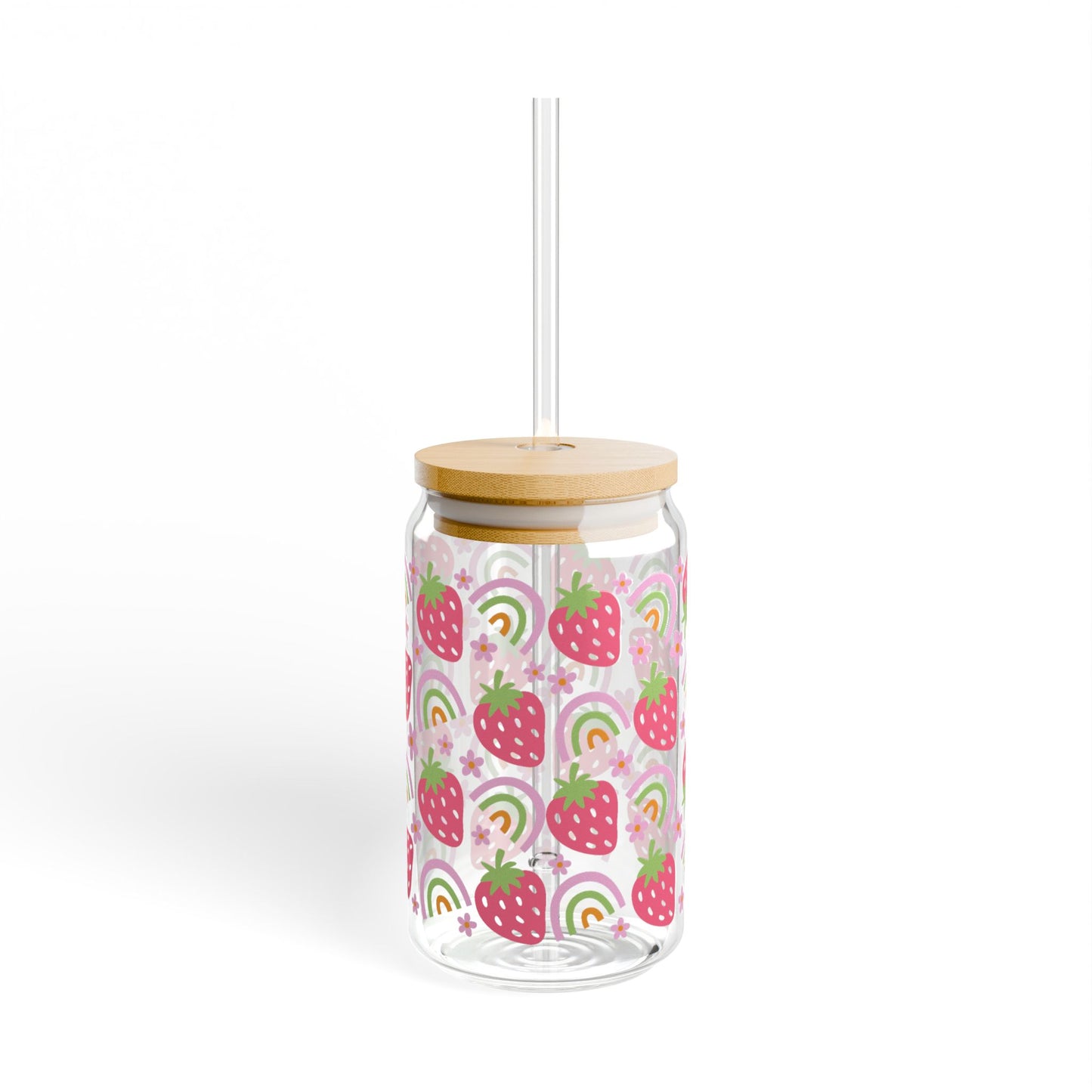 🍓🌈 Strawberry Rainbow Sipper Glass – 16oz Cheerful Sips for Sunshine Days ☀️💖