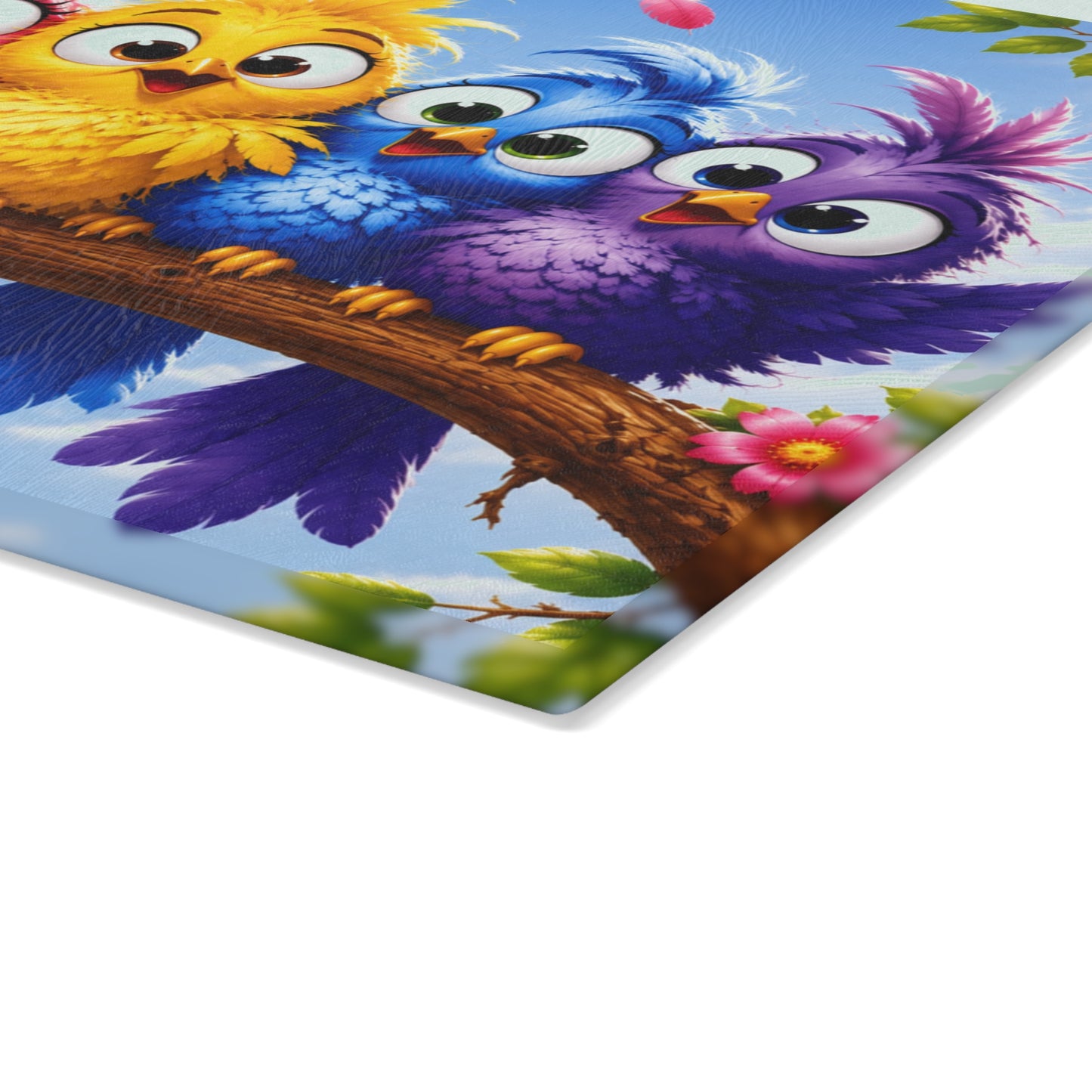 Colorful Baby Birds Glass Cutting Board – Whimsical Kitchen Decor with Cute Rainbow Bird Design