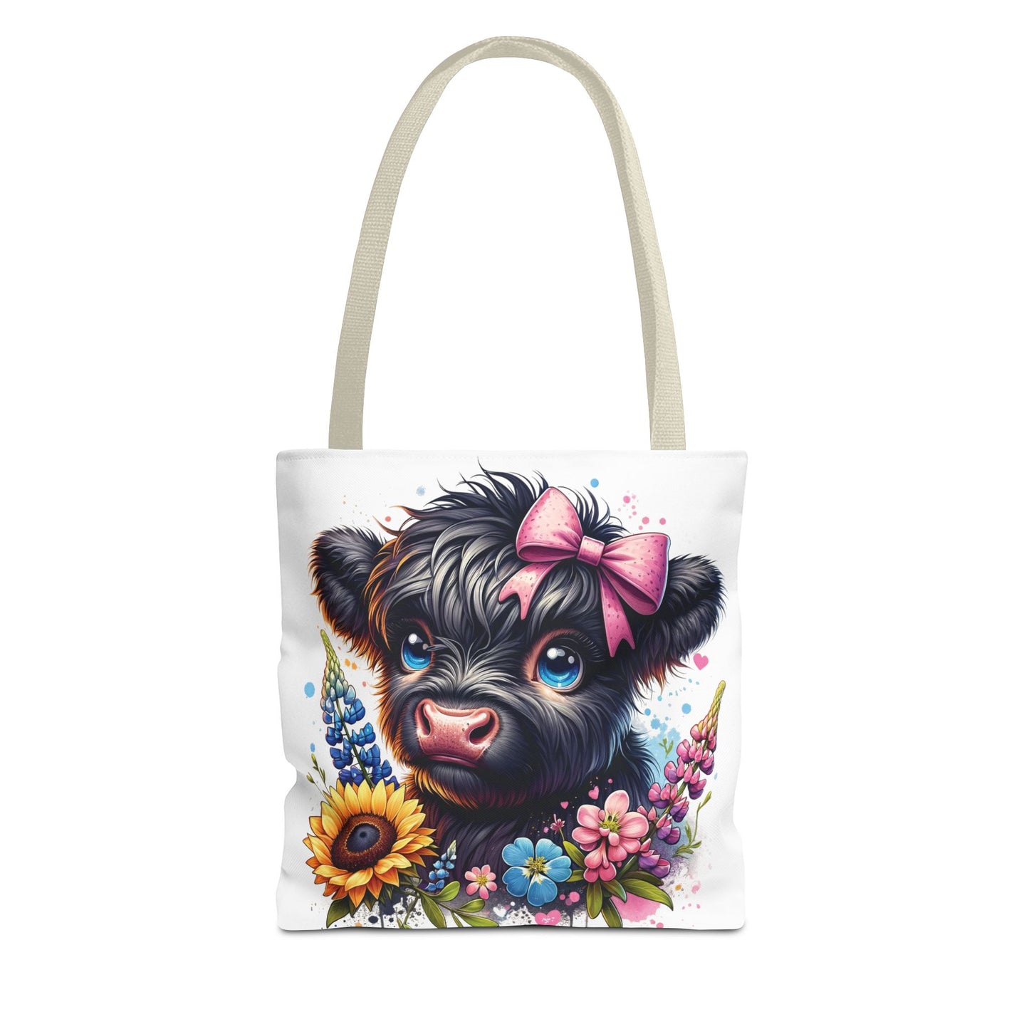 🌸 Black Highland Calf Floral Tote Bag – Sweet Style for Every Age 🐮👜