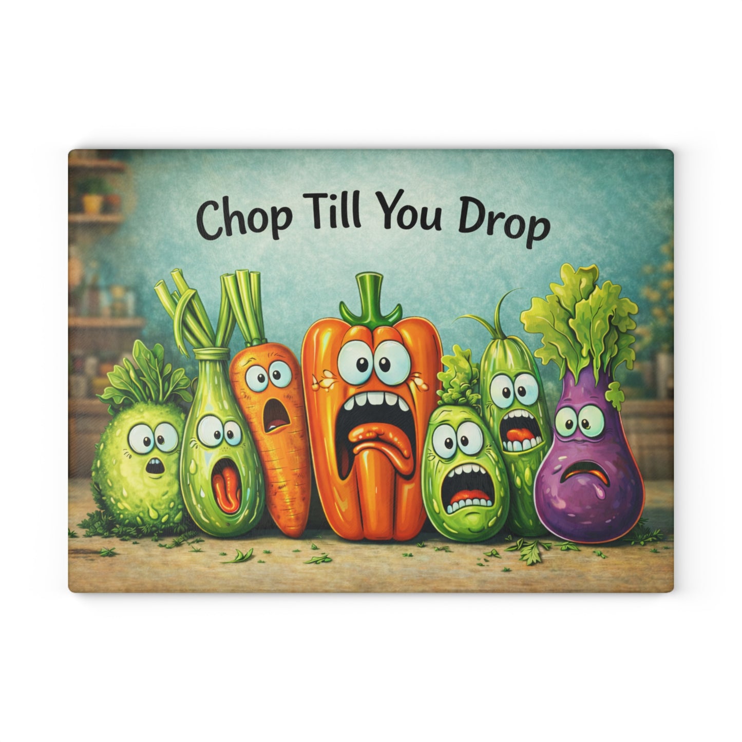Chop Till You Drop Glass Cutting Board – Funny Vegetable Kitchen Decor with Playful Personality