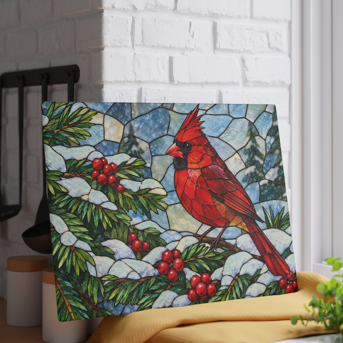 Winter Cardinal Stained-Glass-Look Glass Cutting Board