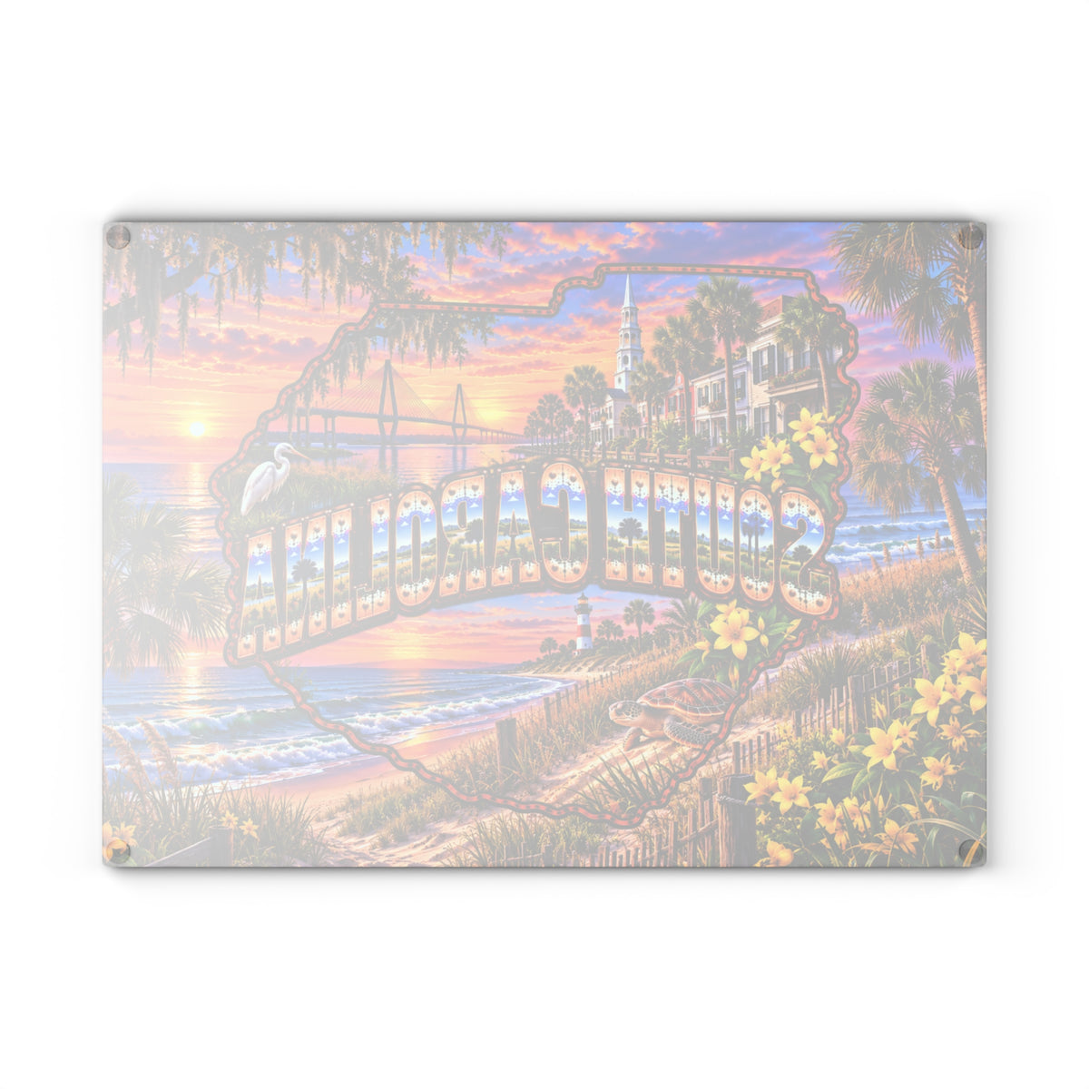 South Carolina Glass Cutting Board – Charleston Waterfront, Ravenel Bridge, Sea Turtle, Lighthouse & Coastal Sunset Kitchen Décor