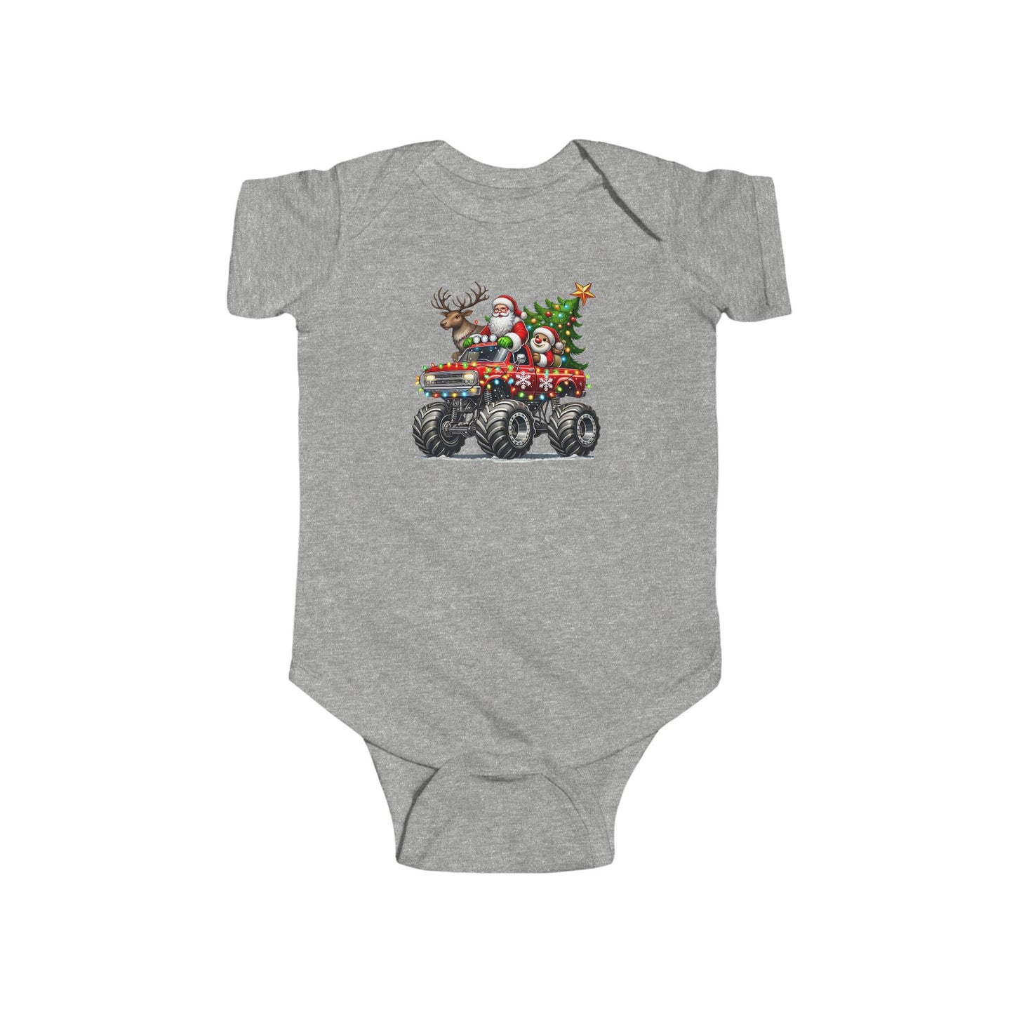 Festive Monster Truck Baby Onesie – Holiday Lights Ride 🚗✨