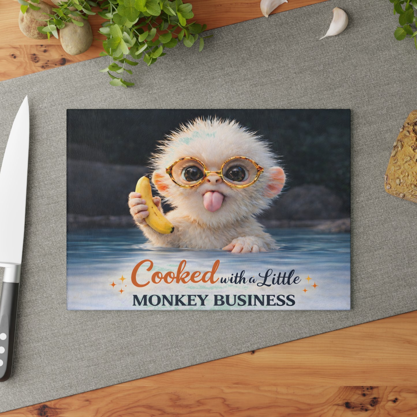 Playful Monkey Glass Cutting Board – “Cooked with a Little Monkey Business” Whimsical Kitchen Decor