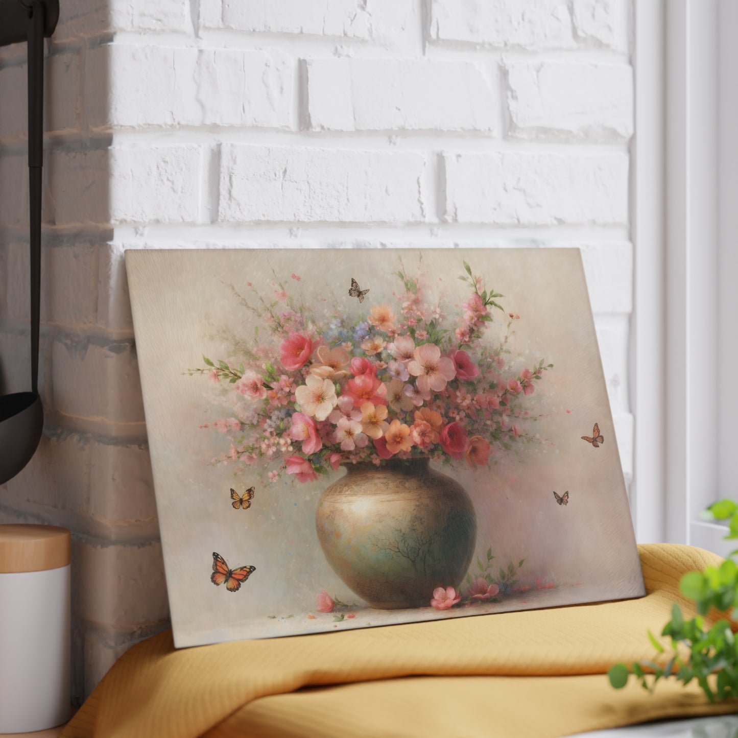 Blossoming Floral Vase with Butterflies Glass Cutting Board – Elegant Botanical Kitchen Art