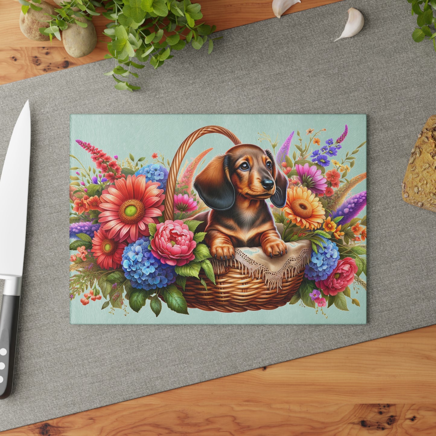 🌸 Dachshund Floral Basket Cutting Board – Whimsical Charm for Your Kitchen