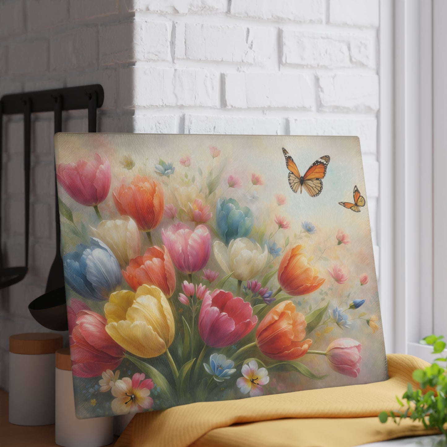 Tulips and Butterflies Glass Cutting Board – Elegant Floral Spring Kitchen Art