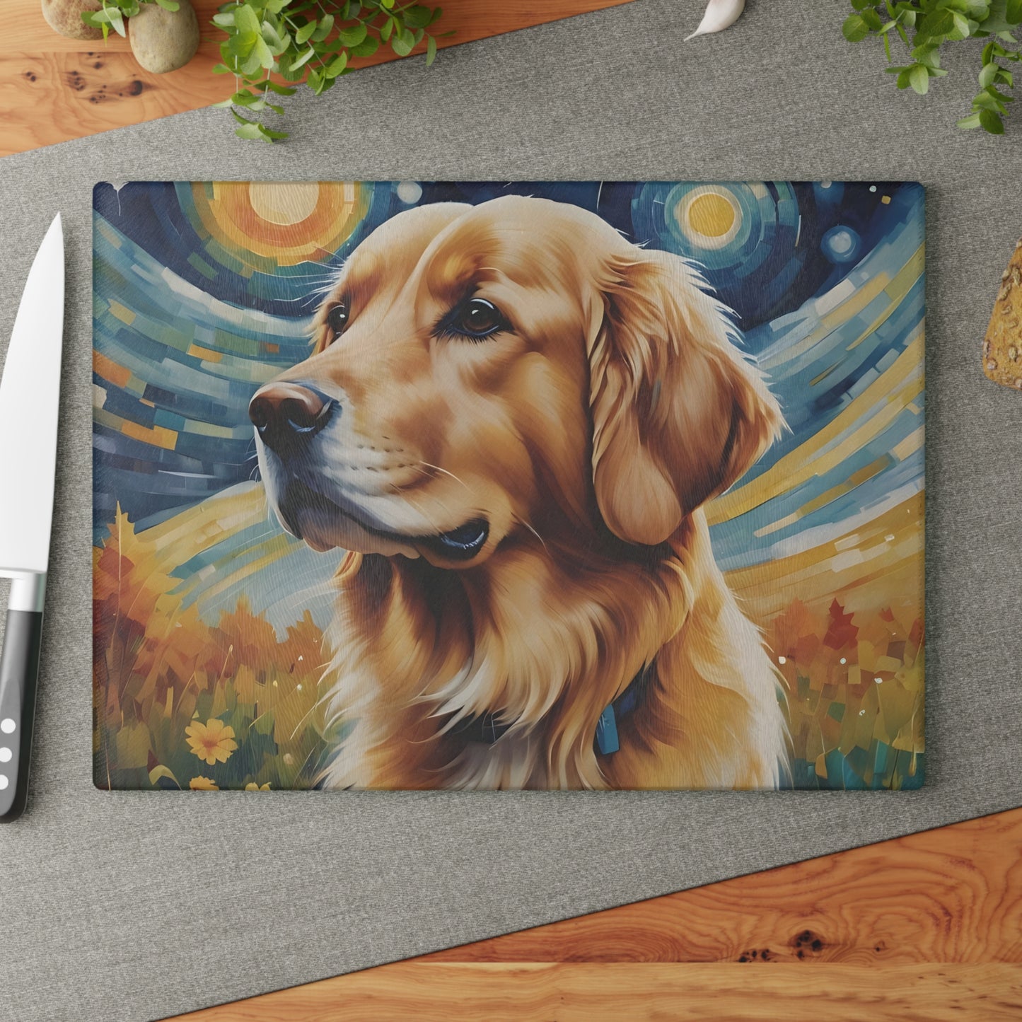 Golden Retriever Glass Cutting Board – Painterly Dog Art Kitchen Display