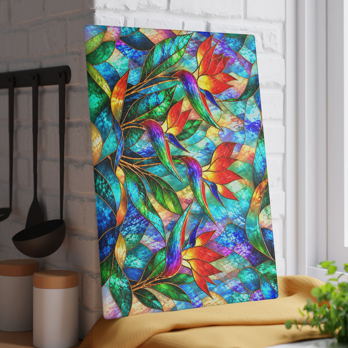 Stained-Glass-Inspired Bird of Paradise Cutting Board – Vibrant Tropical Flowers, Rainbow Foliage & Colorful Botanical Kitchen Décor