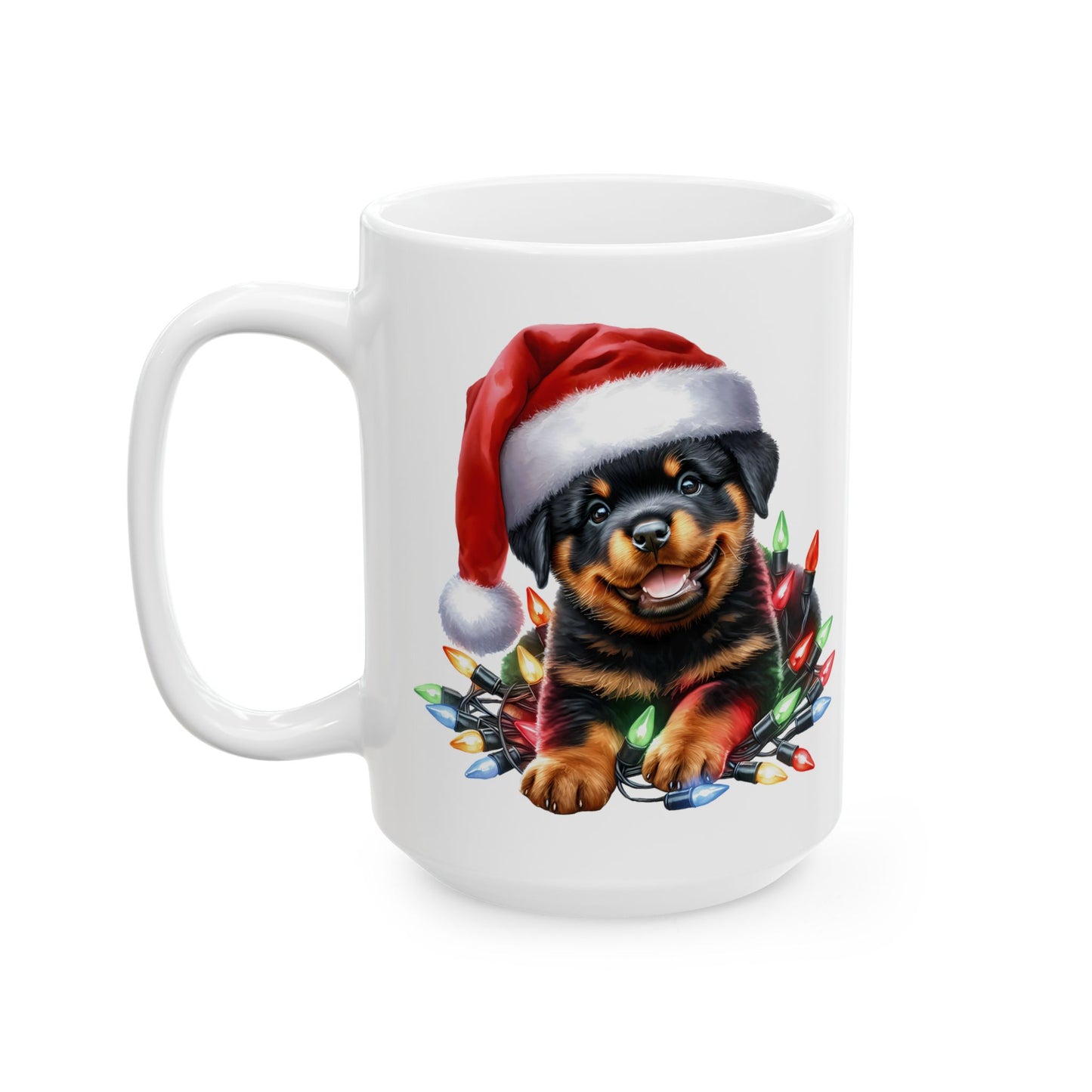 🎄 Rottweiler Christmas Lights Mug – Festive Cheer with Puppy Cuteness ☕