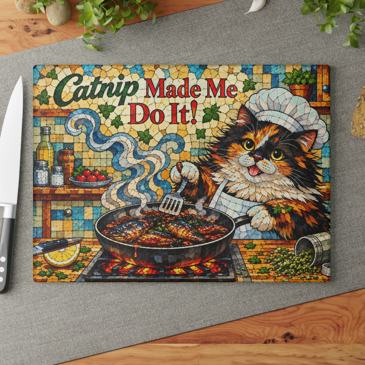 Catnip Made Me Do It! Funny Cat Stained-Glass-Inspired Glass Cutting Board
