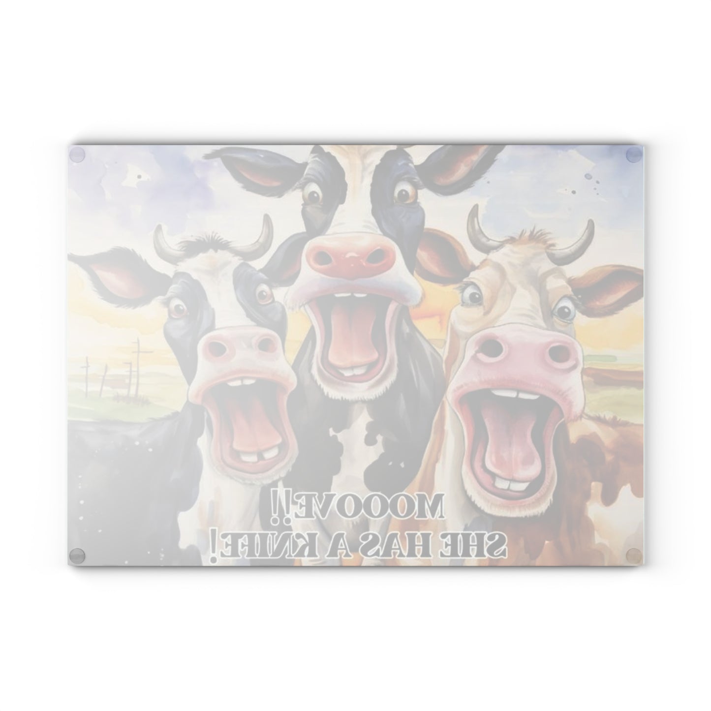MOOOVE!! SHE HAS A KNIFE! – Funny Cow Tempered Glass Cutting Board