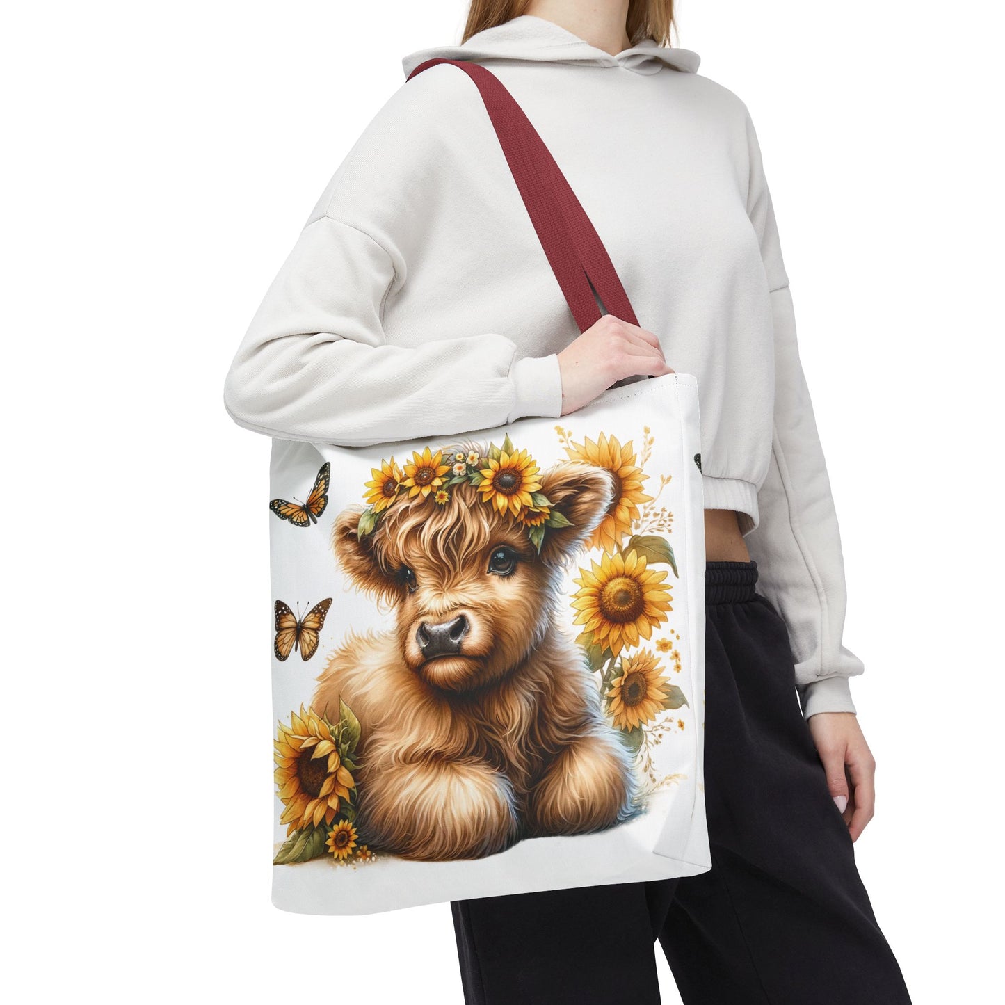 🌻 Sunflower Crown Highland Calf Tote Bag – Country Charm & Butterfly Bliss 🐮👜