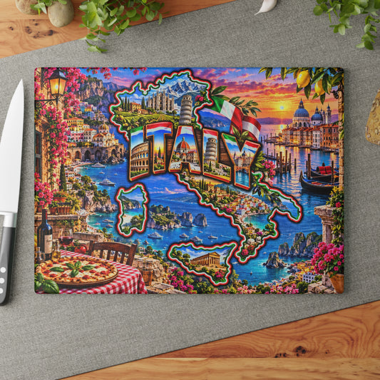 Italy Map Cutting Board – Colosseum, Leaning Tower of Pisa, Venice Canals, Amalfi Coast & Scenic Kitchen Décor
