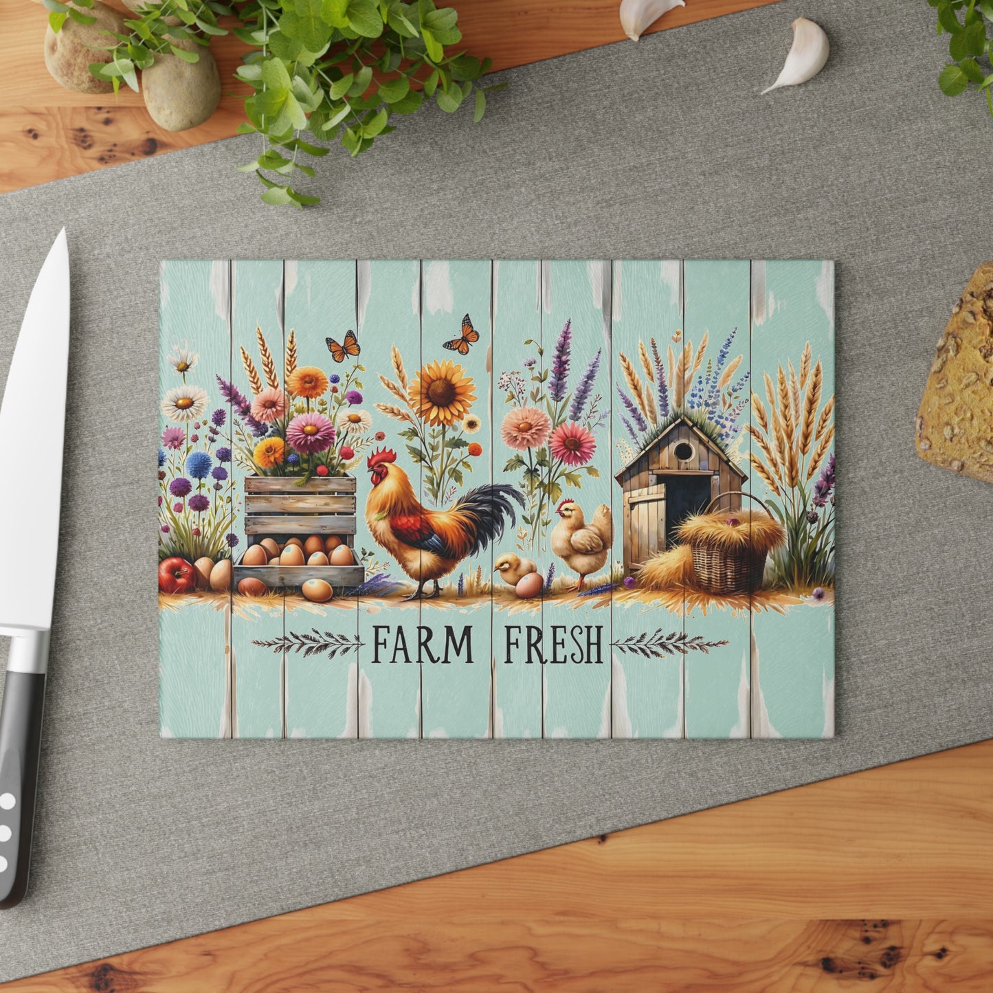 🐓🌾 Farm Fresh Cutting Board – Rustic Rooster & Countryside Charm 🥚🌸