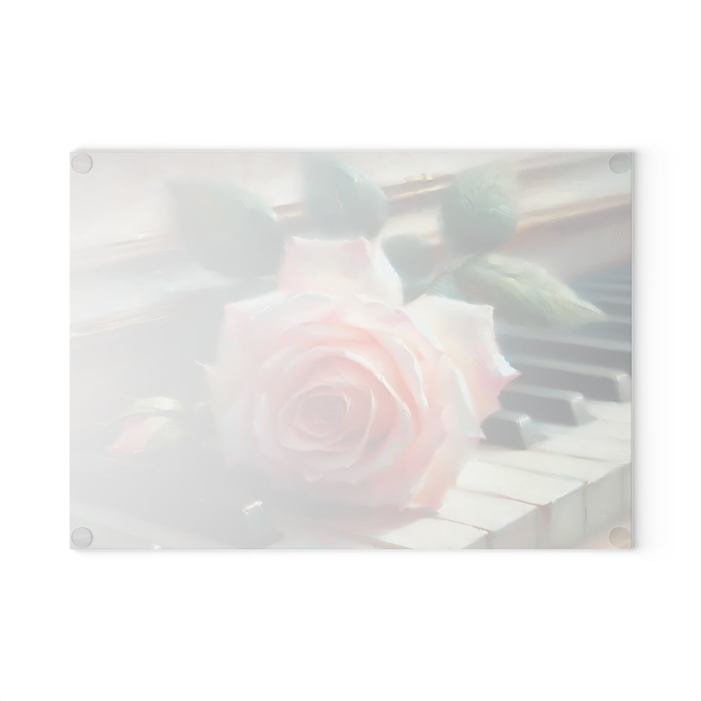 Tabla de cortar de vidrio templado con una rosa rosa sobre teclas de piano, elegante decoración de cocina con música y flores, regalo para músicos, tabla de charcutería