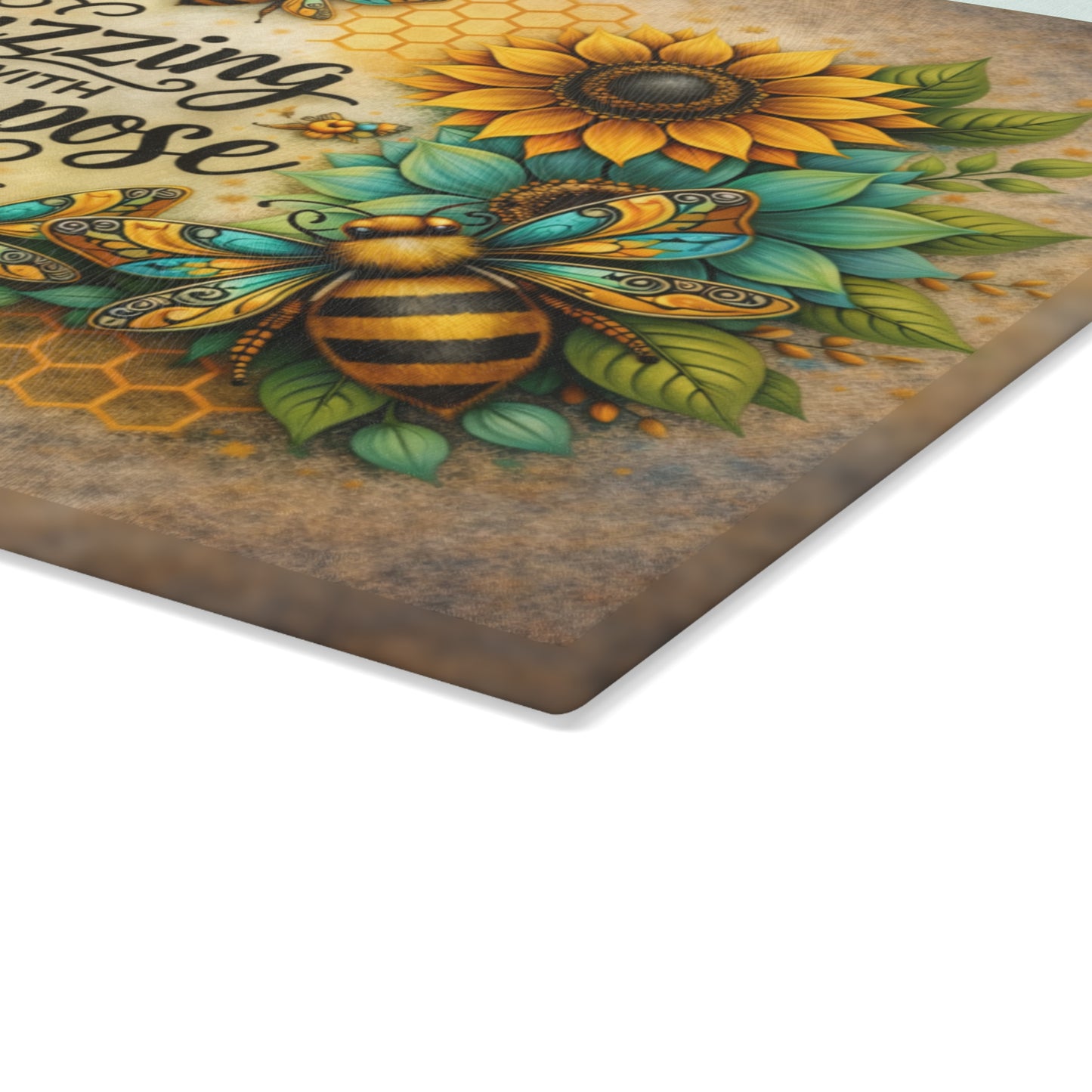 Buzzing with Purpose Glass Cutting Board – Rustic Farmhouse Kitchen Decor