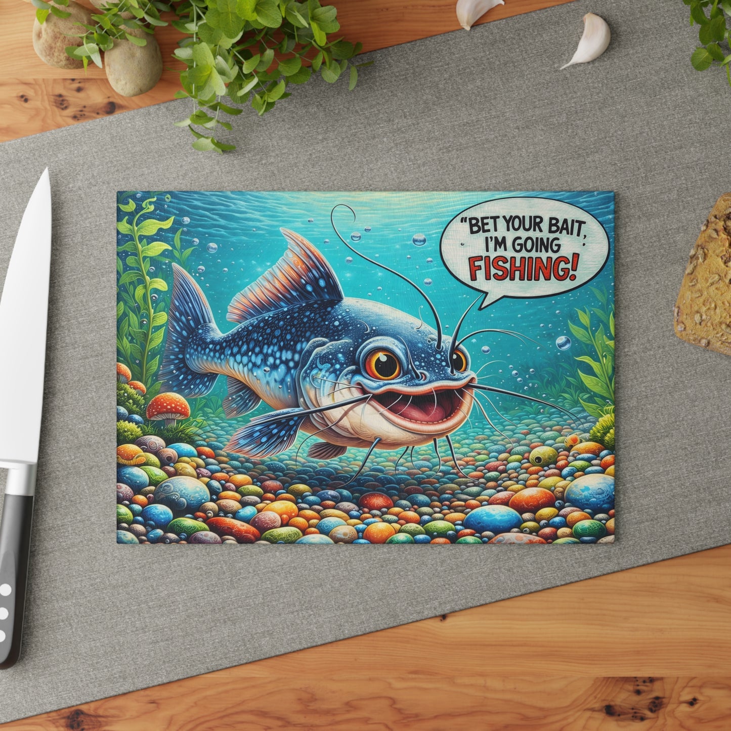 Bet Your Bait I’m Going Fishing Glass Cutting Board – Funny Fishing Kitchen Art with Colorful Catfish Design
