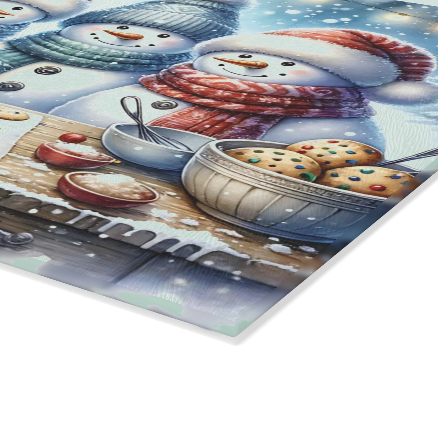 ⛄️🍪 “Snowman Cookie Crew” Glass Cutting Board – Cozy Charm for Your Kitchen