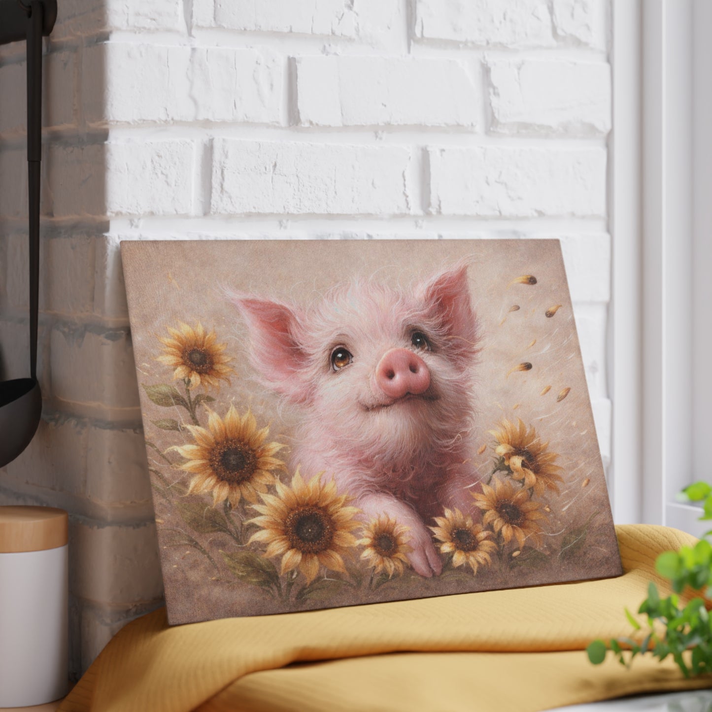 Sunflower Pig Glass Cutting Board – Cozy Farmhouse Kitchen Decor