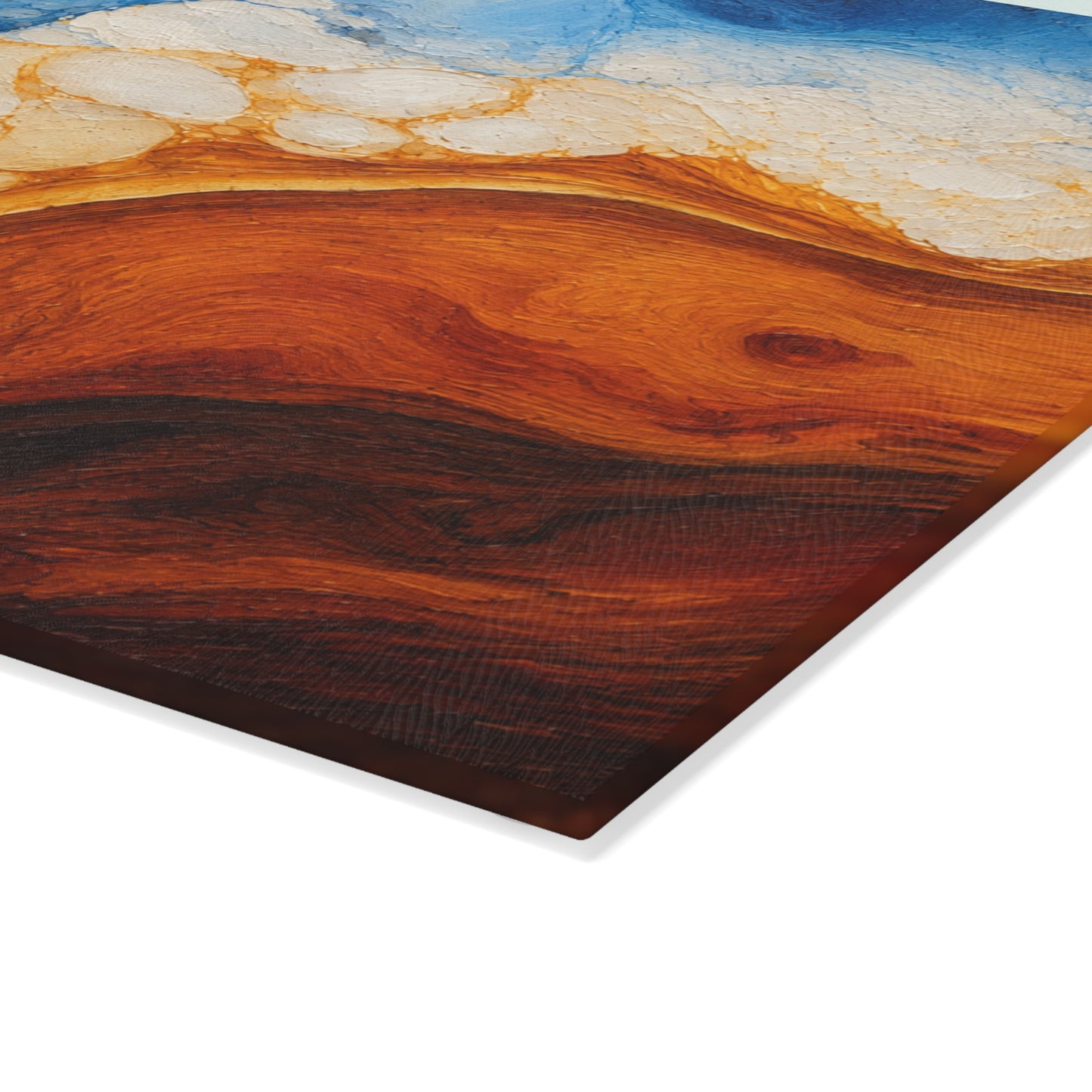 Coastal Resin-Painted Look Ocean Abstract Glass Cutting Board – Blue Waves and Golden Shoreline Artwork