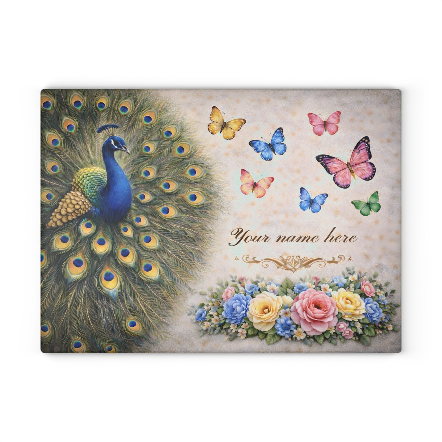 Personalized Peacock Glass Cutting Board – Elegant Butterfly & Floral Kitchen Display