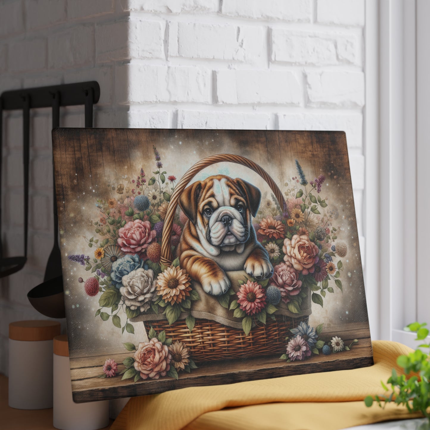 🐶🌸 Bulldog in Basket Cutting Board – Rustic Charm for Your Kitchen 🌼