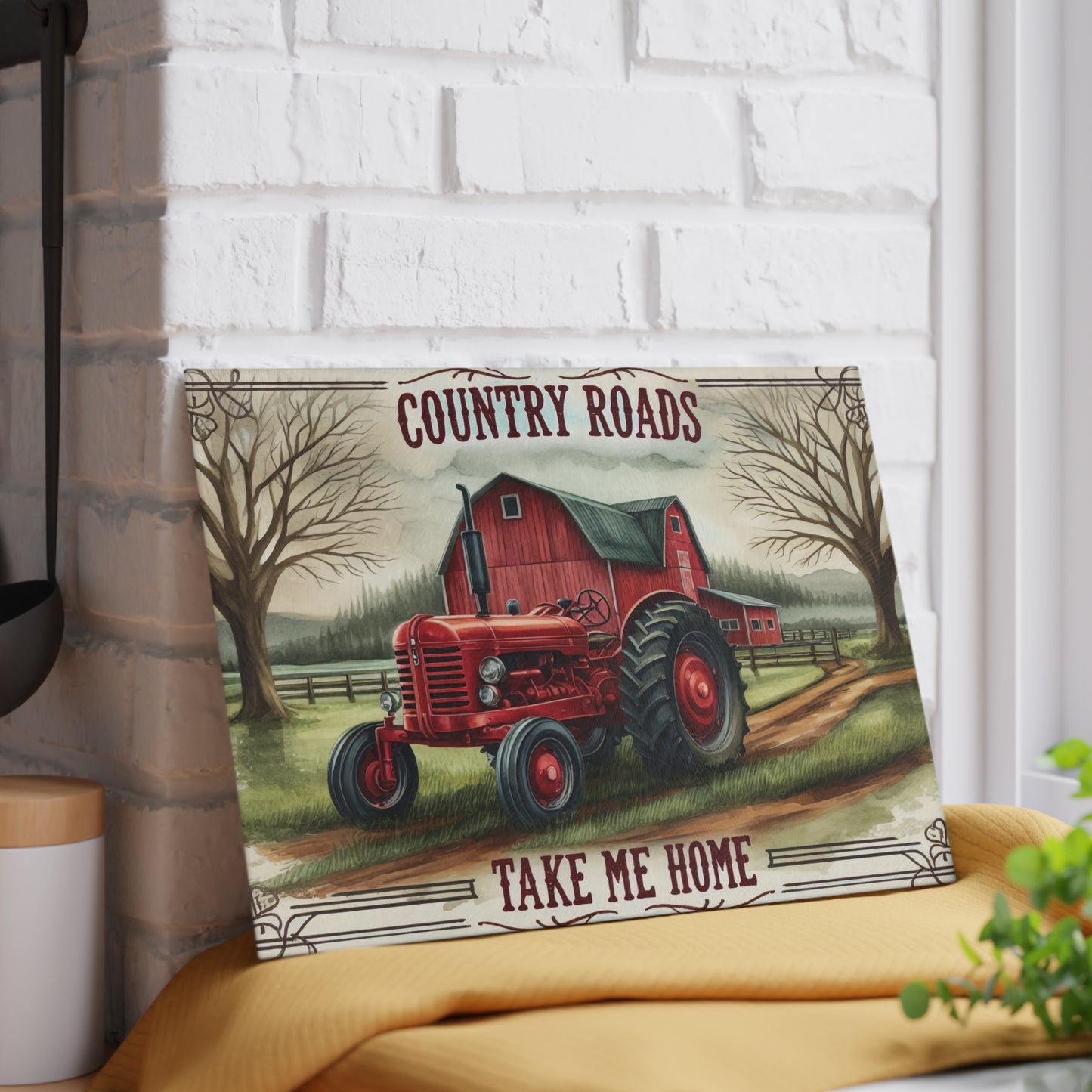 🚜🌾 Country Roads Tractor Glass Cutting Board – Rustic Farmhouse Charm for Your Kitchen 🌾🚜