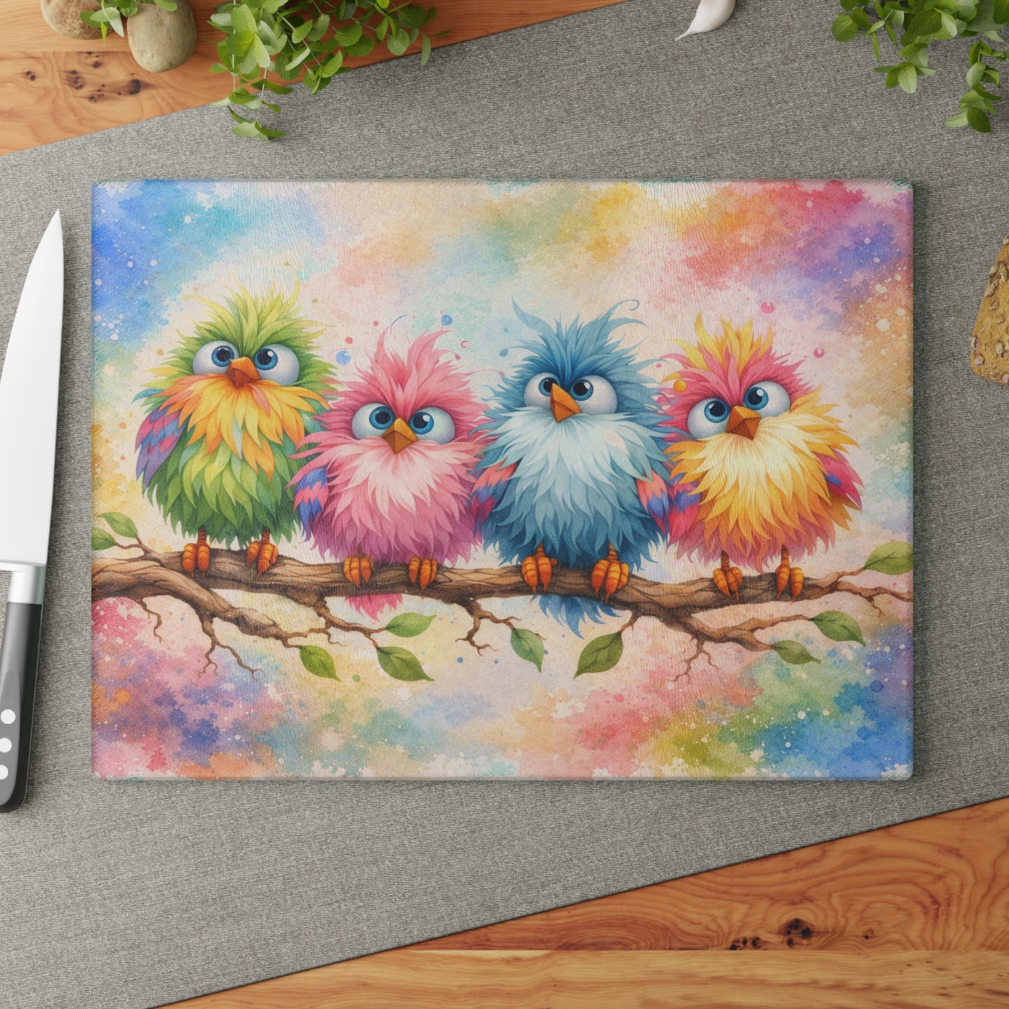 Colorful Birds on a Branch Glass Cutting Board – Whimsical Farmhouse Kitchen Decor with Bright Watercolor Style