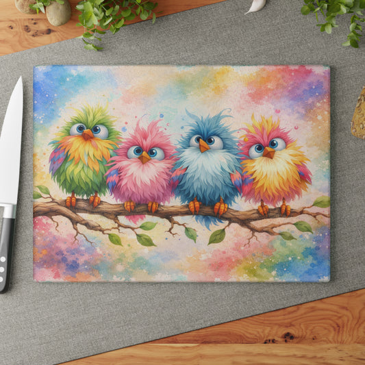 Colorful Birds on a Branch Glass Cutting Board – Whimsical Farmhouse Kitchen Decor with Bright Watercolor Style