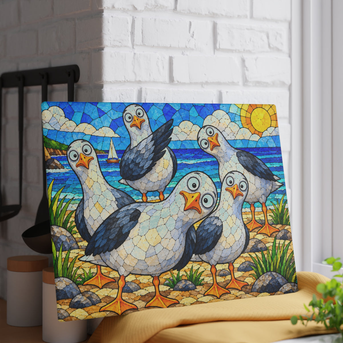 Funny Seagulls Stained-Glass-Inspired Glass Cutting Board – Coastal Beach Kitchen Decor