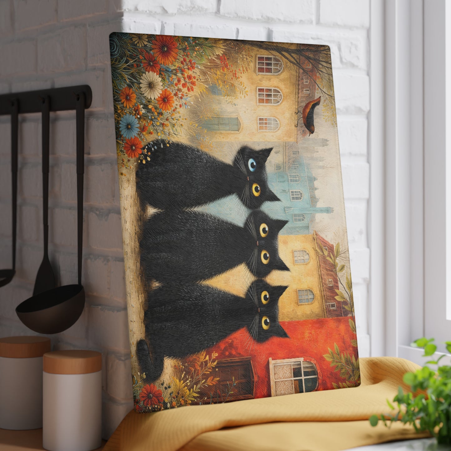 Whimsical Black Cat Glass Cutting Board – Storybook Village Cat Art Kitchen Decor