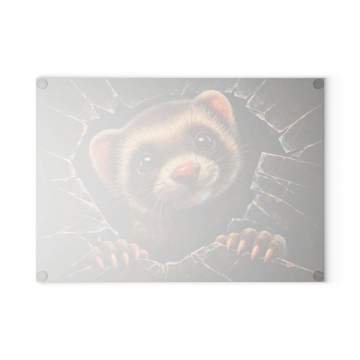 Ferret Breaking Through Wall Glass Cutting Board – Playful Wildlife Peek Artwork