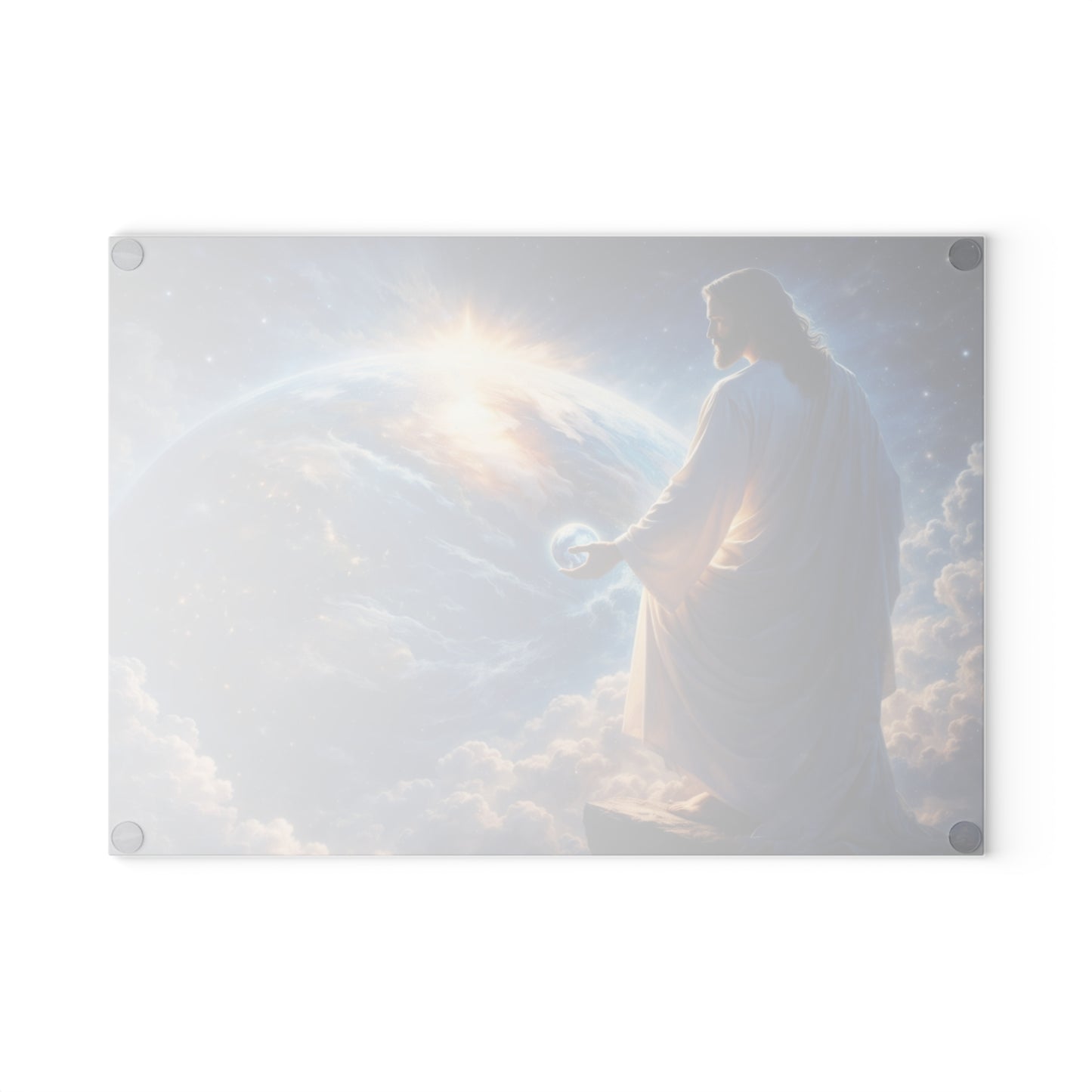 King of Creation Glass Cutting Board – Faith-Inspired Artwork Holding the World