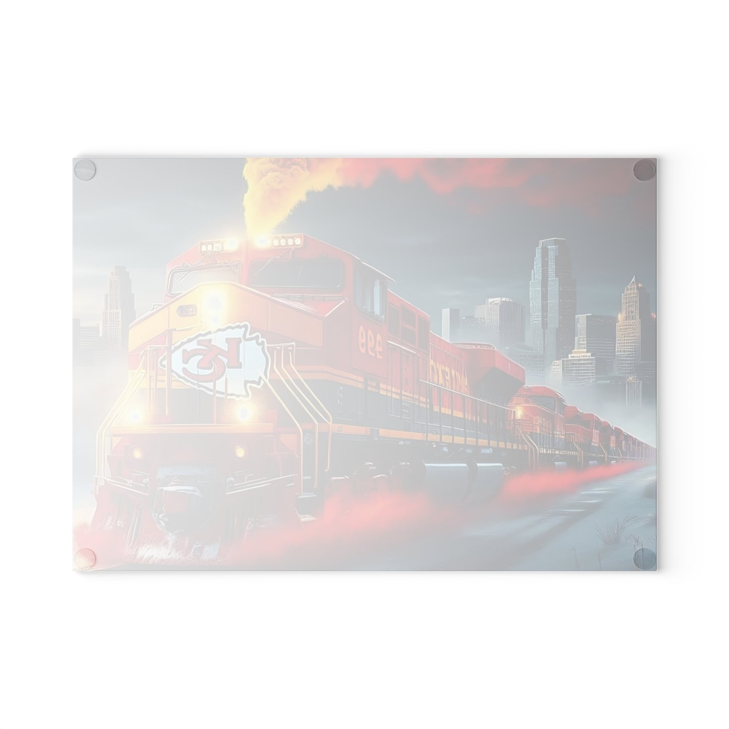 Tabla de cortar de vidrio Express roja y dorada: exhibición de cocina con un llamativo diseño de tren