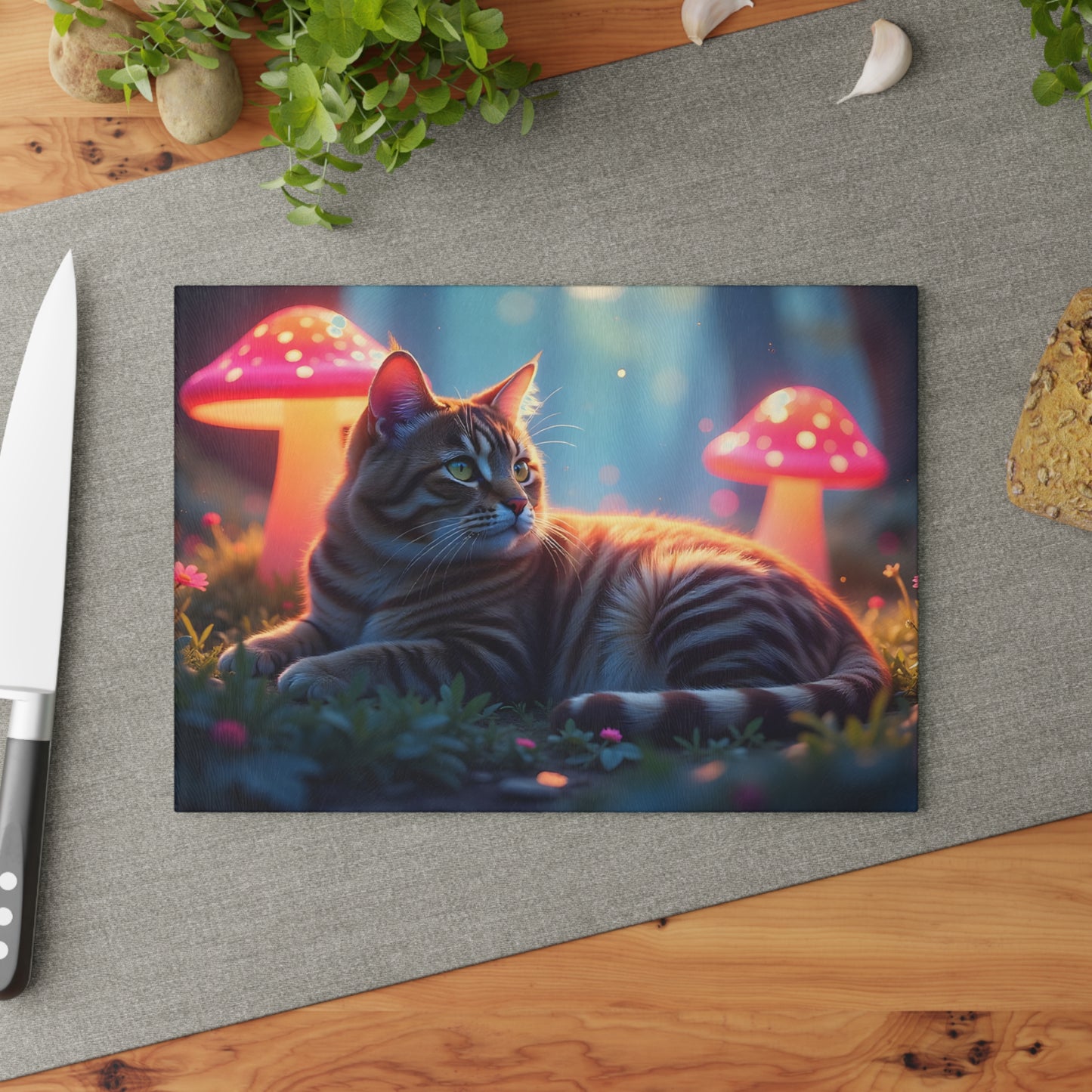 🐱🍄 Cat and Mushroom Cutting Board – Whimsical Nighttime Magic 🌌
