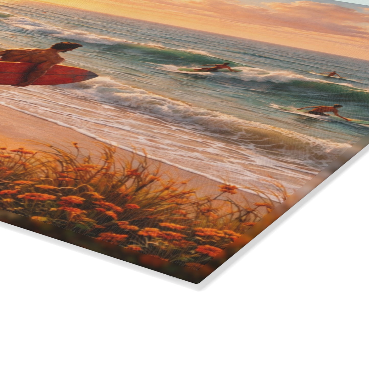Golden Hour Surf Coast Glass Cutting Board – Coastal Sunset Ocean Kitchen Decor