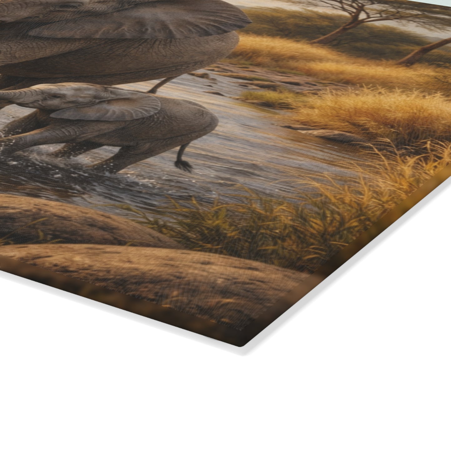 Elephant and Calf River Crossing Glass Cutting Board – Peaceful Wildlife Nature Kitchen Art