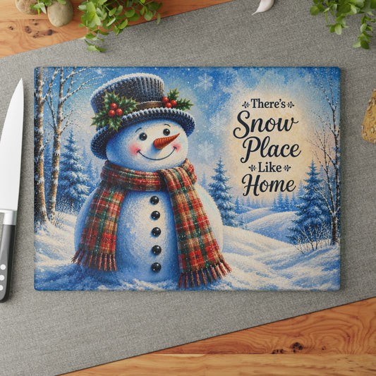 There’s Snow Place Like Home Snowman Glass Cutting Board – Red & Green Plaid Winter Kitchen Decor