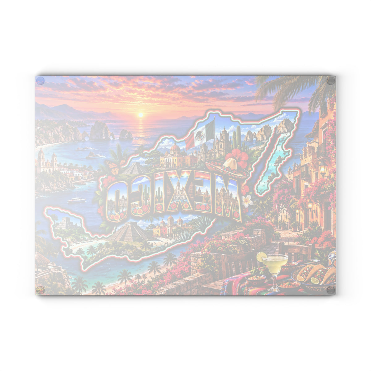 Mexico Map Cutting Board – Colorful Mexican Landmarks, Tropical Beaches, Mayan Pyramids, Mexican Flag & Kitchen Décor