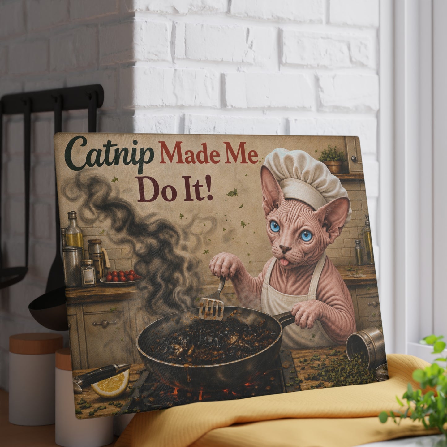 Catnip Made Me Do It! Glass Cutting Board – Funny Hairless Cat Kitchen Decor with Chef Sphynx Artwork