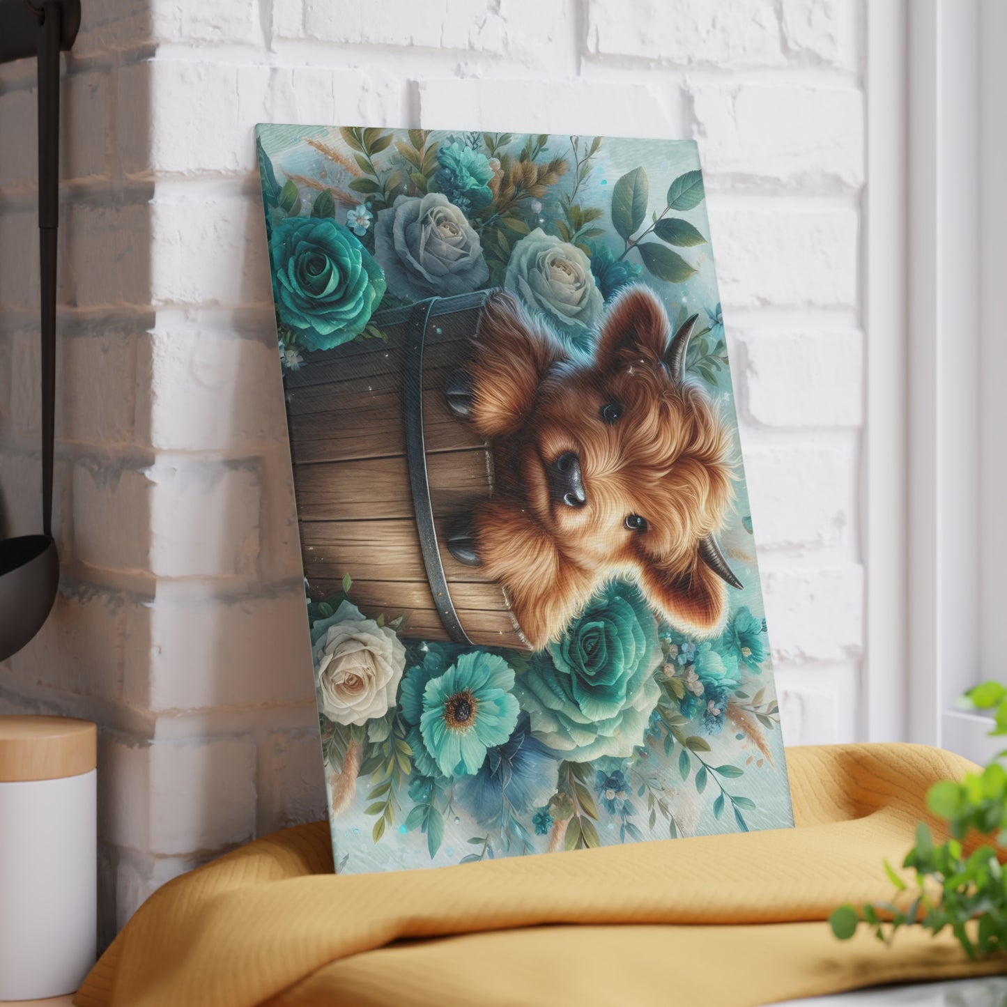 🐮 Highland Calf in a Bucket Cutting Board – Rustic Charm Meets Floral Elegance 🌿