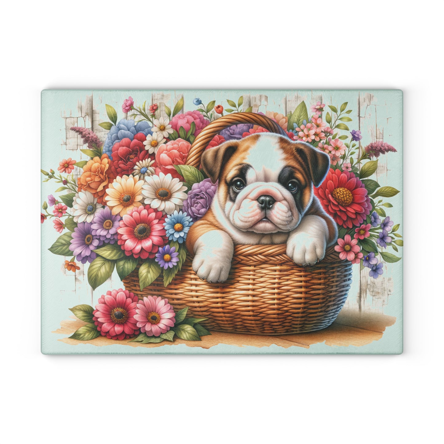 🐾 English Bulldog in Bloom Basket Cutting Board – Rustic Elegance for Your Kitchen 🌺