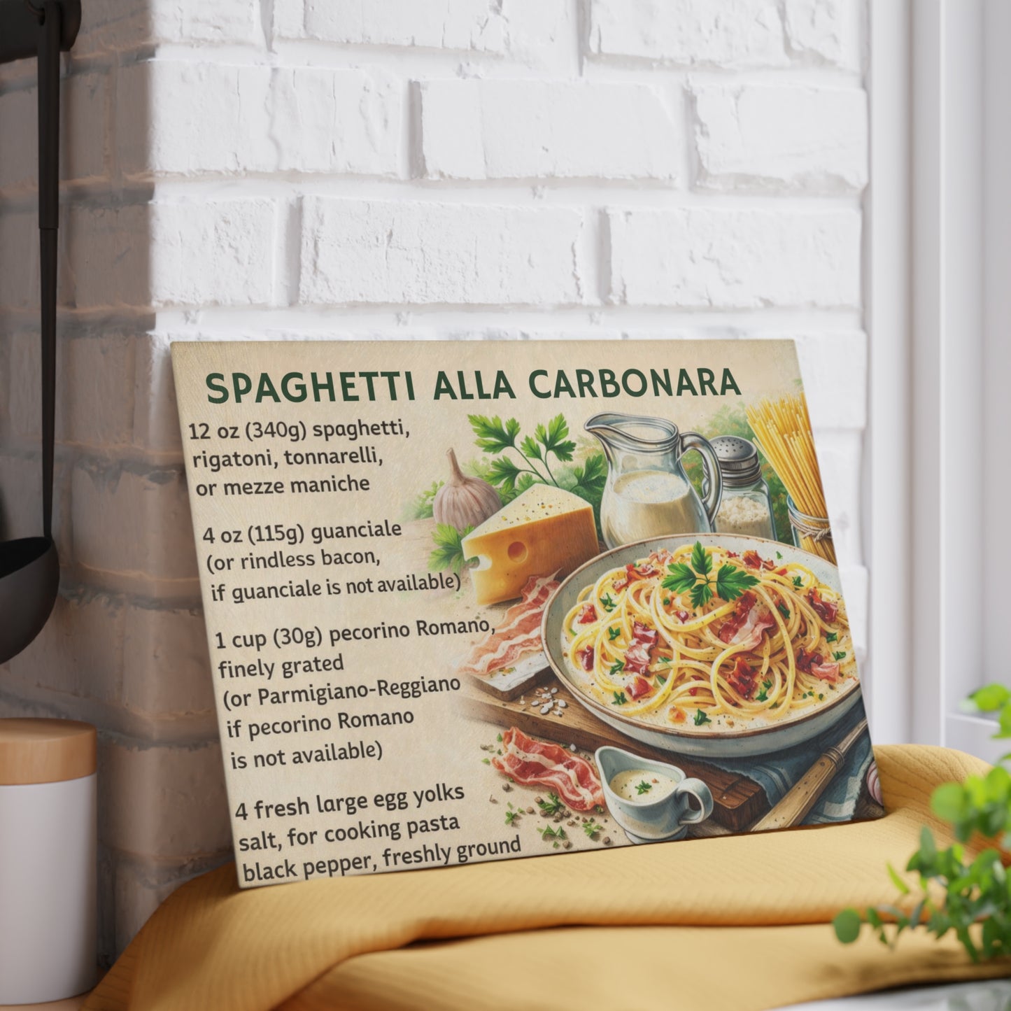 Spaghetti alla Carbonara Recipe Glass Cutting Board – Classic Italian Kitchen Artwork