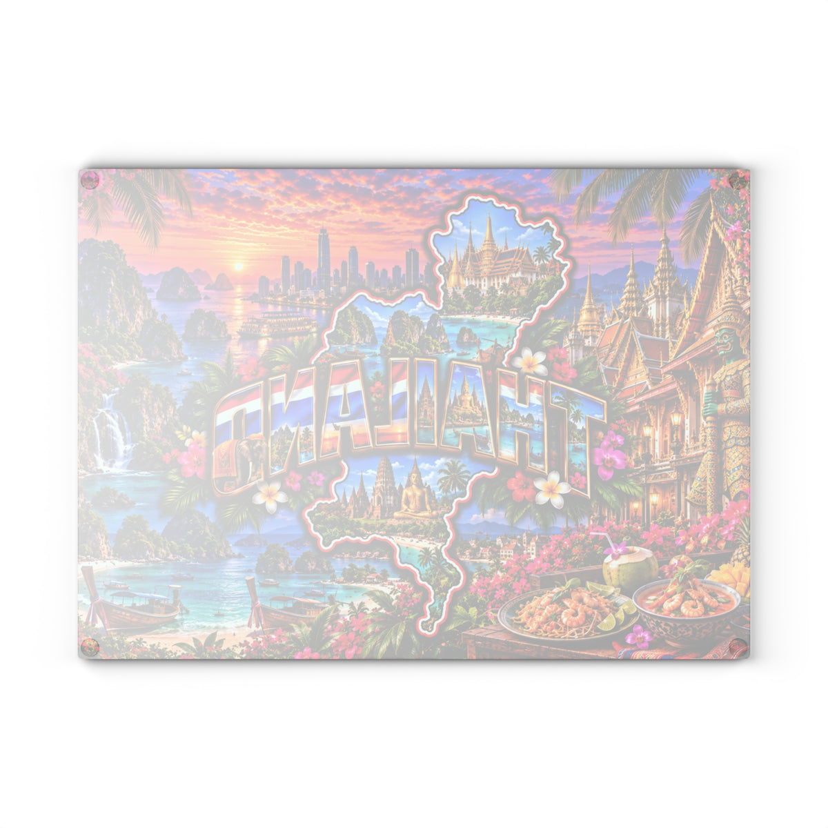 Thailand Map Cutting Board – Colorful Thai Temples, Tropical Islands, Golden Buddha, Waterfalls & Scenic Kitchen Décor